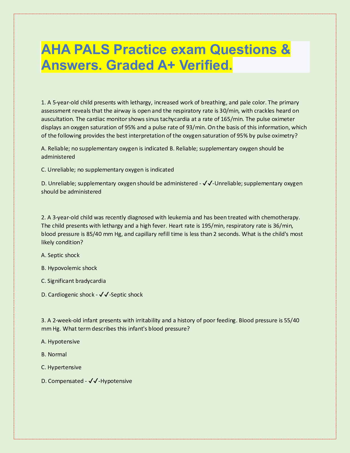 Preview of AHA PALS Practice exam Questions &  Answers. Graded A+ Verified.